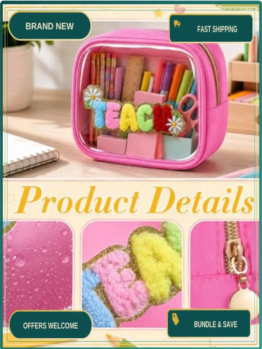 Back to School Embroidery Pencil Pouch Set of 6 Waterproof PVC Clear Cosmetic